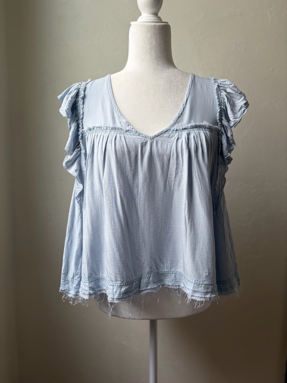 Impressions Blue Ruffle Sleeve Frayed Hem Babydoll Top Small
